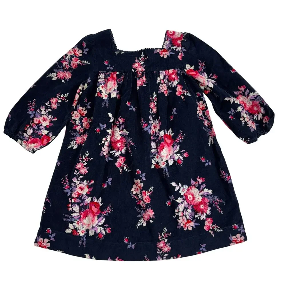 Baby GAP Toddler Girl Corduroy Floral Dress Navy Blue Pink 3T NWT Long Sleeve